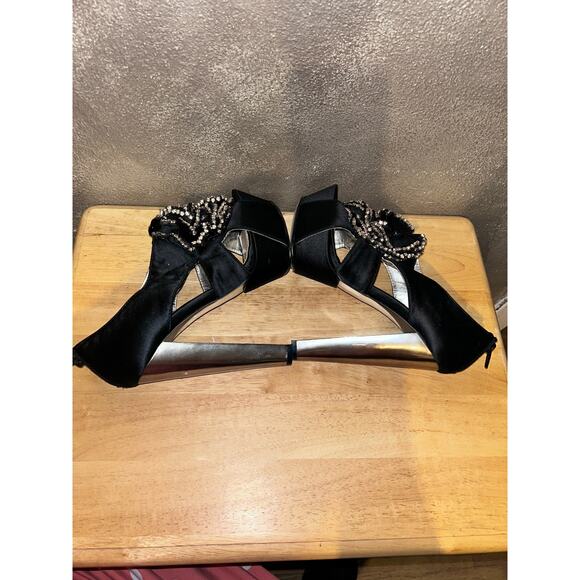 H by Halston Black Satin Rhinestone Platform Heels 7M Silver Tone 5.5” Open Toe - Picture 9 of 16